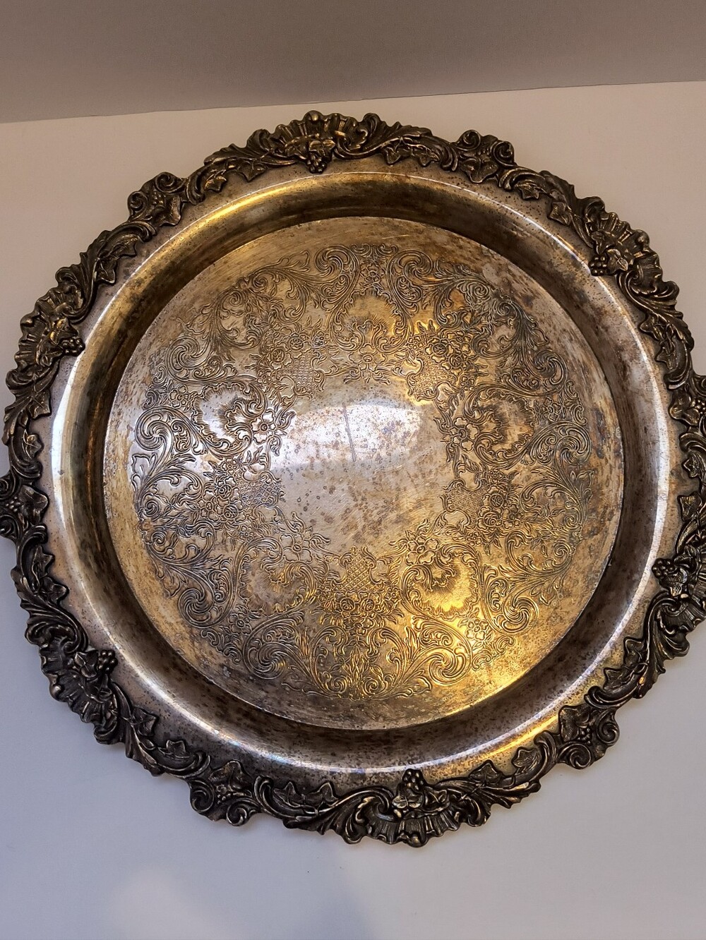 Vintage Wilcox Chased Silverplate Platter 15 Inch Round - Ornate Grape & Scroll